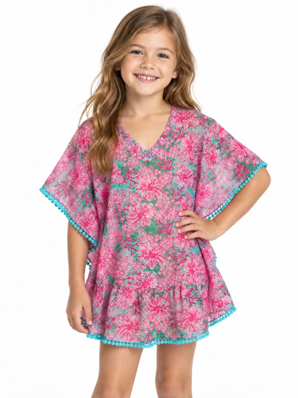 Classic Whimsy Girls Pink Green Floral Caftan Cover Up Size 7/8